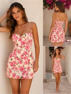 Zara Floral Bustier Mini Dress Pink Rose Print Corset Style Size Small NWT